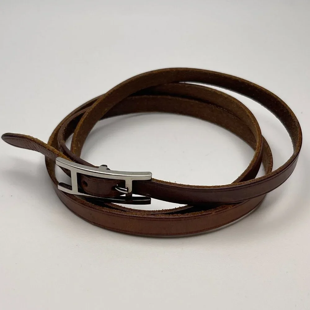 Hermès Vintage Hapi 4 Tours Leather Bracelet w/ Palladium Plated Buckle-Preowned